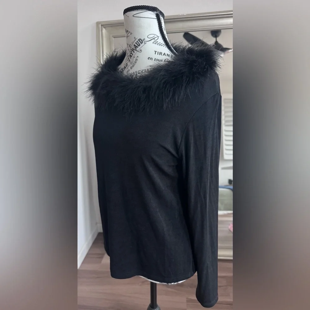 vintage 90s Y2K claudia richard faux fur collar Stretch top Women’s Size M